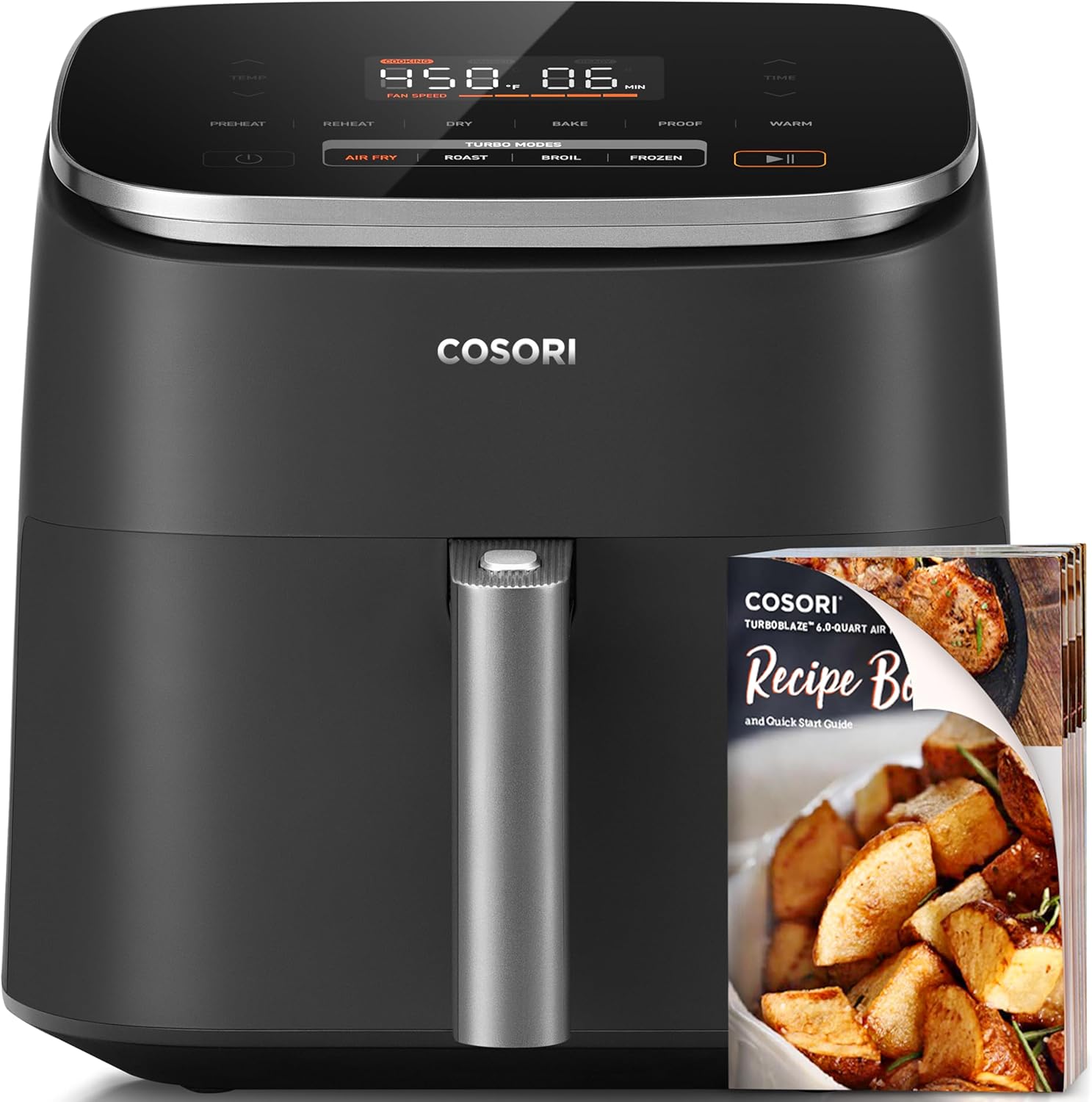 Cosori Air Fryer Front View Cosori air fryer front with LED panel and cookbook