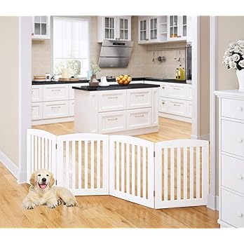 White folding dog gate with 4 panels in living room