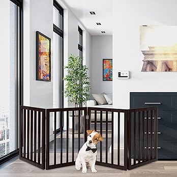 Light wood dog gate in modern room with small dog