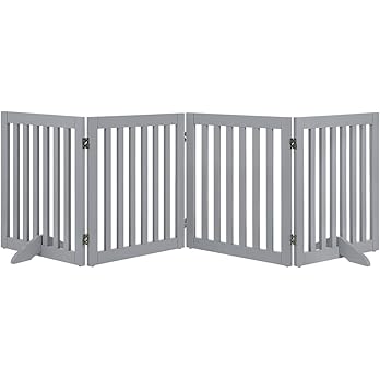 Grey wooden freestanding dog gate folded open