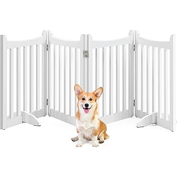 White 4-panel pet gate with small dog and toys