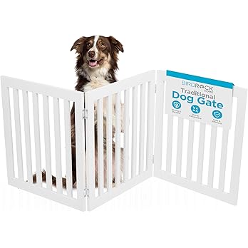 White freestanding wooden pet gate by INTERNET'S BEST, 3-panel design, used as an indoor barrier for dogs